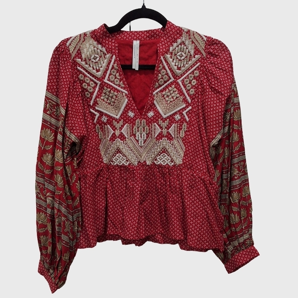 Anthropologie~Keira~Embroidered Red~ Peplum Blouse~Bohemian Boho~Hippie~ US2 UK6 - Picture 2 of 11